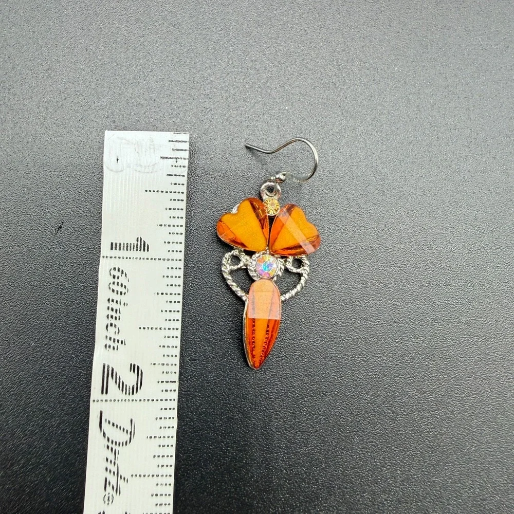 Orange Crystal Rhinestone Silver Tone Dangle Earrings Statement Boho Festival